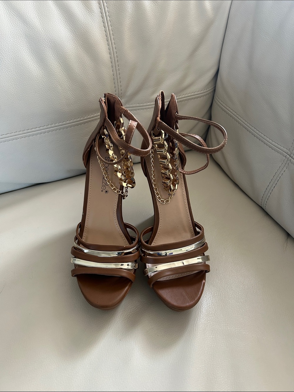 Shoe Dazzle Brown Leather Strappy Heels with Gold Chains